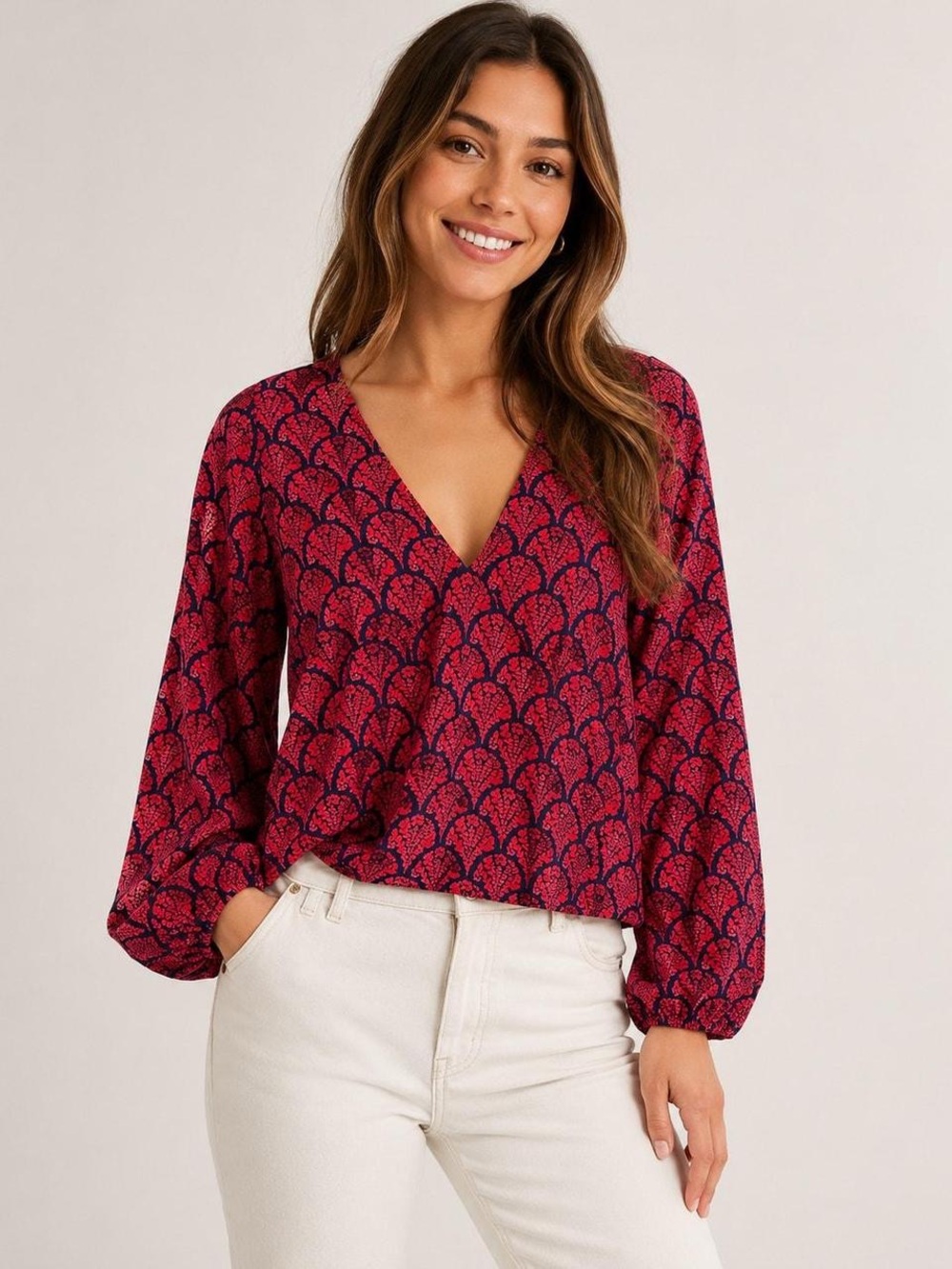 Boden Red & Navy V-Neck Cotton Women's Top Size 6